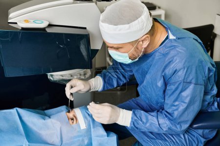 Téléchargez les photos : Un homme en robe chirurgicale effectue délicatement une opération dans une salle d'opération. - en image libre de droit