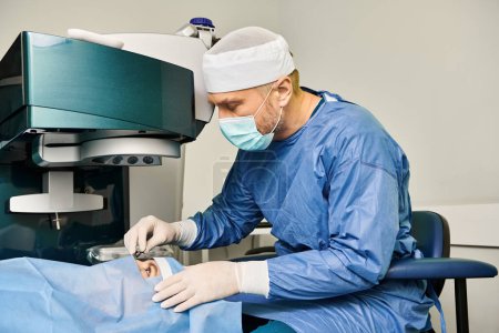 Téléchargez les photos : Un homme en blouse fait fonctionner une machine pendant une procédure de correction de la vue au laser. - en image libre de droit