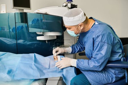 A man in a surgical gown operates a machine in a medical setting.