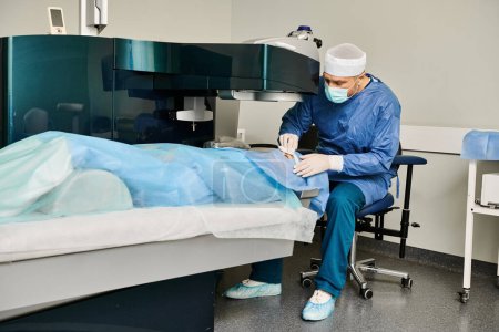 A man in scrubs sits peacefully in a hospital bed.