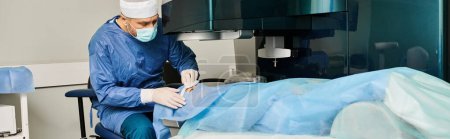 Téléchargez les photos : A man in a surgical gown operates a machine. - en image libre de droit