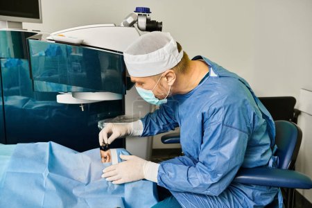 Un cirujano con una bata opera una máquina en un entorno médico.