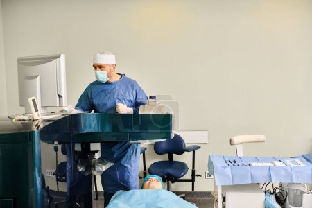 Surgeon in scrubs operating precision machine in medical setting.