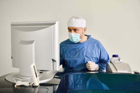 Un hombre con uniforme y mascarilla se para frente a una computadora en un consultorio médico..