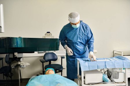 Téléchargez les photos : Une femme en robe d'hôpital effectue une correction de la vue au laser. - en image libre de droit