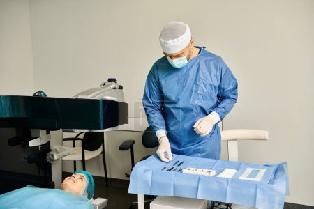 Surgeon in gown operates medical machine for laser vision correction.
