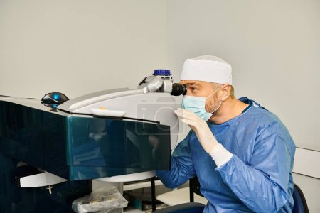 Foto de Un hombre con una máscara quirúrgica examina a través de un microscopio. - Imagen libre de derechos