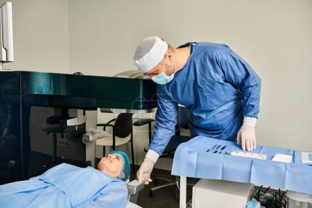 A surgeon in a surgical gown is performing a procedure on a patient.