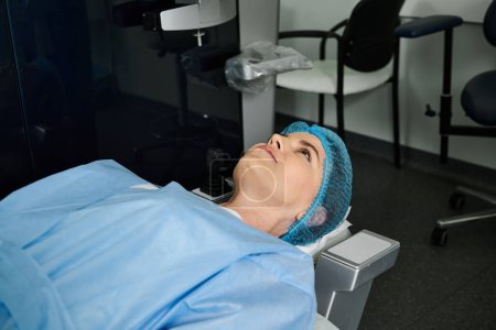 Una mujer en una cama de hospital con una gorra azul mientras descansa.