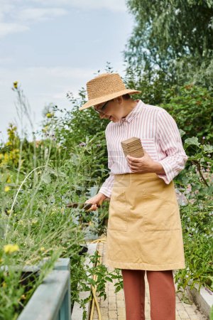 attractive cheerful mature woman with straw hat using her gardening tools and smiling happily