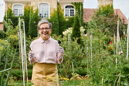cheerful mature woman with gloves and glasses holding gardening tools in hands and smiling at camera