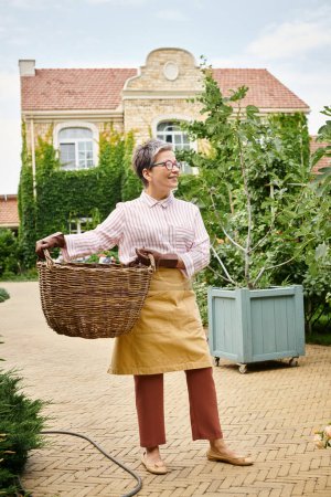 jolly mature woman with glasses holding big straw basket and posing near her house in England