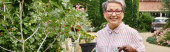 joyful mature woman taking care of plant in pot in garden in England and smiling at camera, banner puzzle #701800384