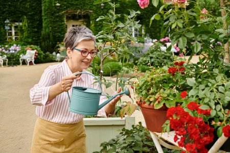 gut aussehende, reife Frau gießt ihre lebendigen, lebendigen Blumen in ihrem Garten in England