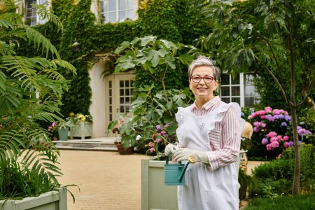 Photo for Attractive mature jolly woman with glasses holding watering can and smiling happily at camera - Royalty Free Image