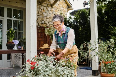 Téléchargez les photos : Belle femme mature chic avec des lunettes prenant soin de ses fleurs près de sa maison en Angleterre - en image libre de droit
