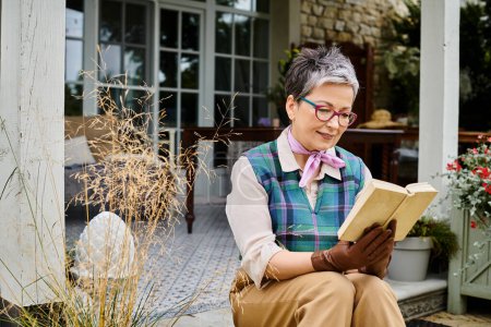 kultivierte, reife, fröhliche Frau mit Brille und Lesebuch in der Nähe ihres Hauses im ländlichen England