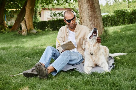 Foto de Un hombre afroamericano discapacitado con síndrome de miastenia gravis sentado pacíficamente en la hierba junto a su fiel perro labrador. - Imagen libre de derechos