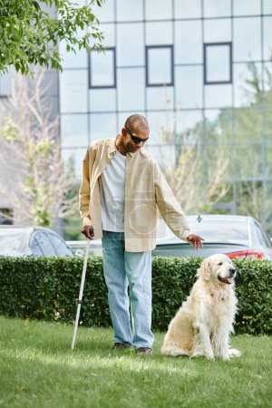 African American man with myasthenia gravis walking his Labrador with cane, showcasing diversity and inclusion.