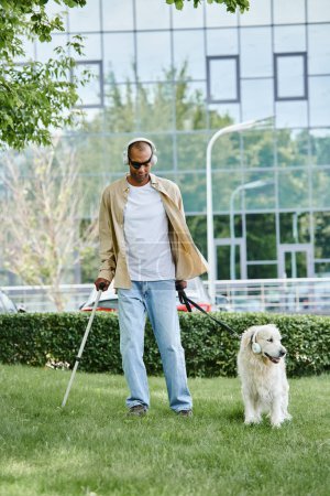 An African American man with myasthenia gravis walking a white Labrador dog on a leash in a show of diversity and inclusion.