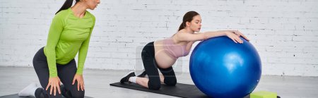 Two women, one pregnant, perform exercises on stability balls in a gym with guidance from a coach during a parents course.