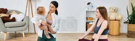 A young, beautiful mother tenderly holds her baby in a warm and inviting living room, guided by her supportive coach from parents courses.