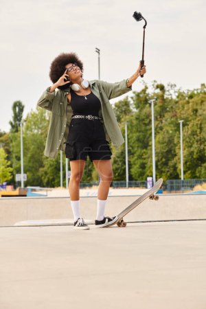 Young African American woman with curly hair skateboarding in a skate park while holding cellphone.