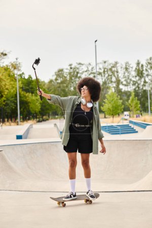 African American woman with curly hair confidently stands on a skateboard in a vibrant skate park.