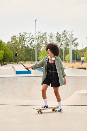 Eine junge Afroamerikanerin mit lockigem Haar fährt selbstbewusst auf einem Skateboard in einem belebten Skatepark.