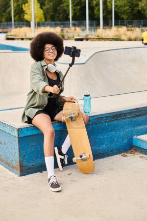 Eine junge Afroamerikanerin mit lockigem Haar sitzt mit einem Skateboard auf einer Bank in einem lebhaften Skatepark.
