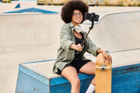 Eine junge Afroamerikanerin mit lockigem Haar sitzt auf einer blauen Bank und hält ein Skateboard in einem Outdoor-Skatepark.