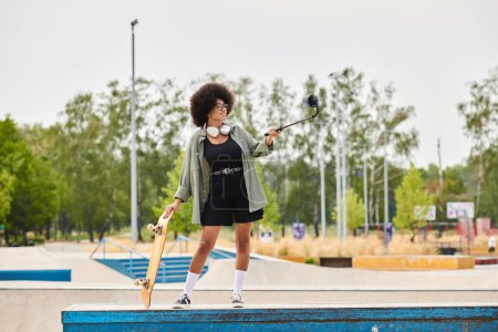 Una mujer afroamericana con el pelo rizado sostiene con confianza un monopatín en un vibrante parque de skate al aire libre.
