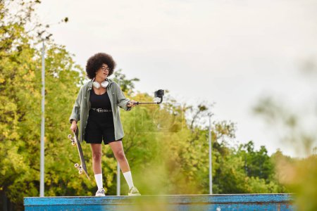 Junge Afroamerikanerin mit lockigem Haar hält selbstbewusst Skateboard und Selfie-Stick in der Hand
