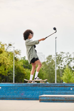 A young African American woman with curly hair glides smoothly down a skateboard ramp at an outdoor skate park.