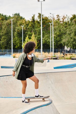 Eine junge Afroamerikanerin mit lockigem Haar reitet auf einem Skateboard mit Geschick und Selbstvertrauen in einem geschäftigen Skatepark.