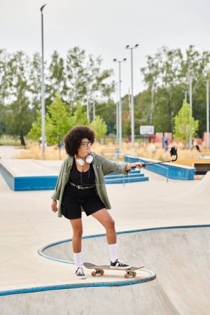 A young African American woman with curly hair confidently rides a skateboard at a bustling skate park.