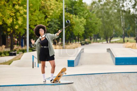 A young African American woman with curly hair confidently skateboarding at an outdoor skate park on a sunny day.