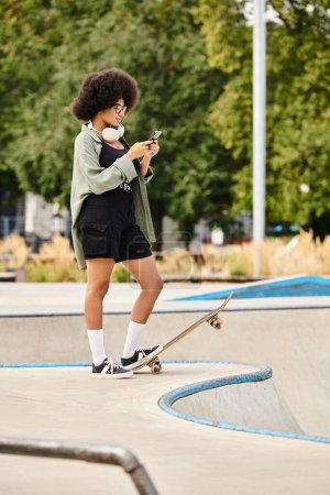 A young African American woman with curly hair skateboarder performing tricks at a vibrant skate park