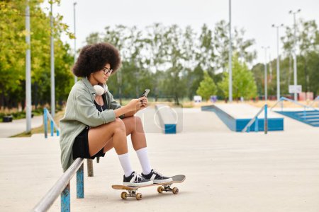 A young African American woman with curly hair taking a break while sitting on a bench with her skateboard in a skate park.