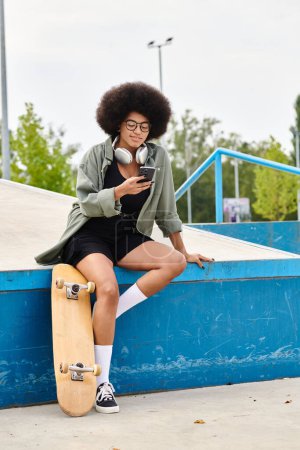 A young African American woman sits on her skateboard, poised next to a ramp in an outdoor skate park.