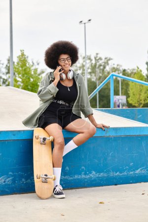 A young African American woman with curly hair sits on a skateboard, talking on a cell phone in a skate park.