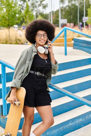 Eine junge Afroamerikanerin mit lockigem Haar hält ein Skateboard in der Hand und telefoniert mit einem Handy in einem Skatepark.