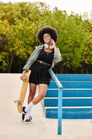 Joven mujer afroamericana con un afro sosteniendo un monopatín, hablando en un teléfono celular en un parque de skate soleado.
