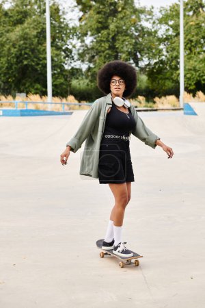 Young African American woman with curly hair skateboarding in a bustling parking lot under the bright sun.