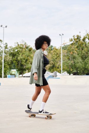 A young African American woman with curly hair effortlessly rides a skateboard in a busy parking lot.