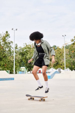 Young African American woman with curly hair skateboarding in a skate park on a cement surface.
