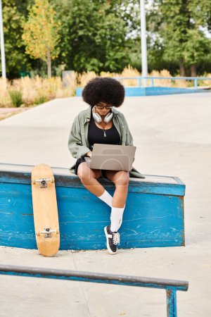 A young person sitting on a bench with a laptop, working or studying outdoors.