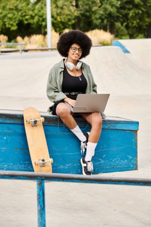 Eine junge Afroamerikanerin mit lockigem Haar sitzt selbstbewusst mit ihrem Skateboard auf einer blauen Schachtel in einem lebhaften Skatepark-Ambiente.