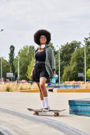 A young African American woman with curly hair gracefully skateboards down a ramp at an outdoor skate park.