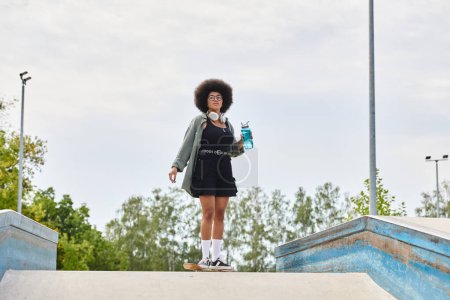 Téléchargez les photos : Une femme élégante avec une coiffure afro tient une bouteille d'eau. - en image libre de droit